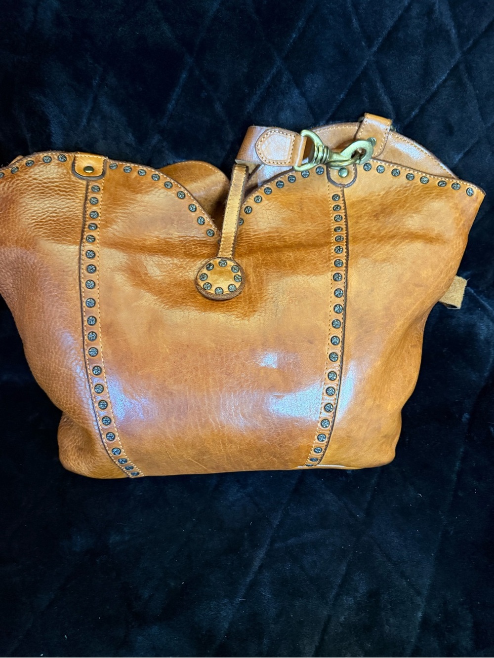 Studded Tan Leather Shoulder Bag with Antiqued Hardware - Picture 2 of 9